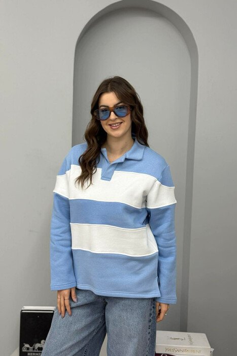 POLO NECK STRIPE DESIGN FLUFFY WOMEN SWEATSHIRT LIGHTBLUE/BZ 