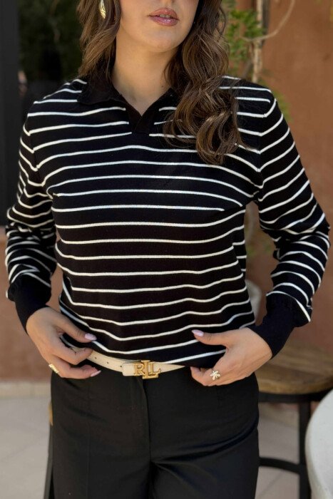 POLO NECK STRIPE DESIGN WOMEN SWEATER BLACK/ E ZEZE - KLAUDIO FASHION