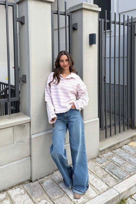 POLO NECK STRIPE DESIGN WOMEN SWEATSHIRT POWDER/PUDER - 5