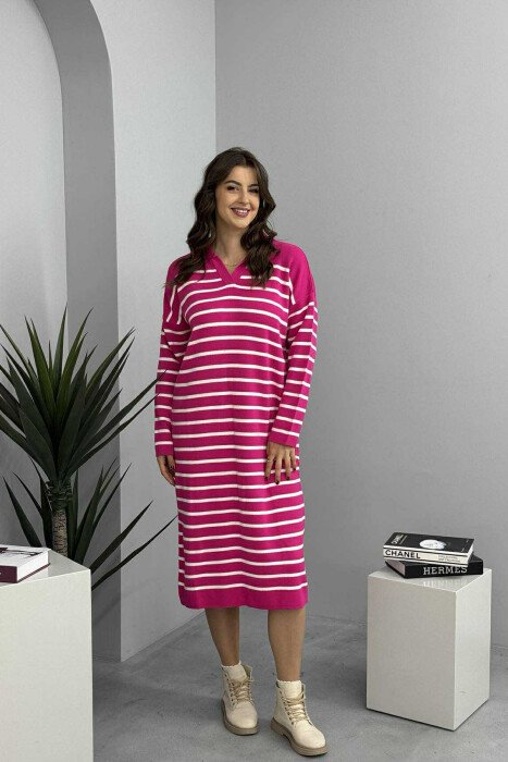 POLO NECK STRIPED LONG WOMEN DRESS FUCHSIA/CIKLAMI - 1