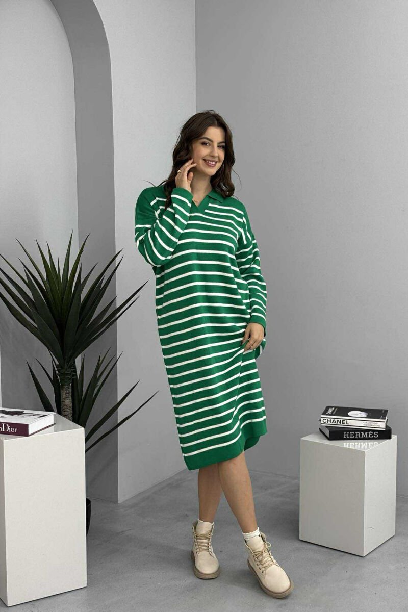 POLO NECK STRIPED LONG WOMEN DRESS GREEN/JESHILE - 1