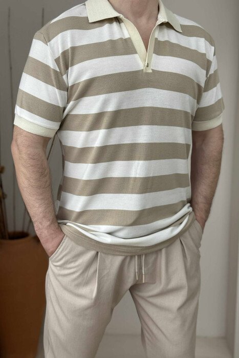 POLO NECK STRIPED MEN T-SHIRT WHITE-BEIGE/BABZH - KLAUDIO FASHION