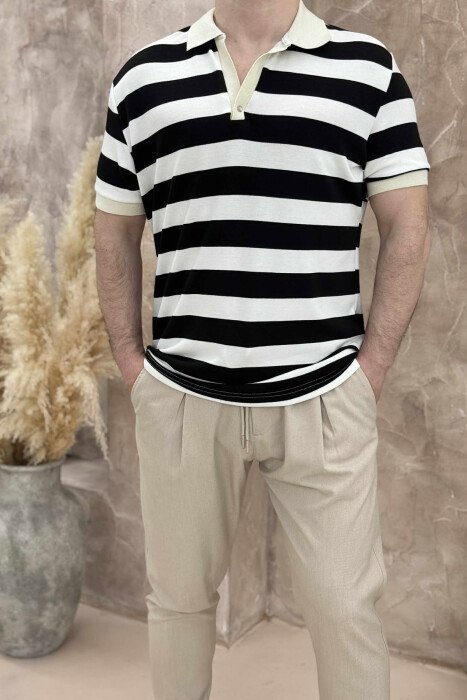 POLO NECK STRIPED MEN T-SHIRT WHITE-BLACK/BAZE - KLAUDIO FASHION