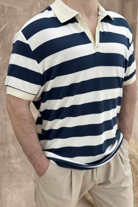 POLO NECK STRIPED MEN T-SHIRT WHITE-BLUE/BABL - KLAUDIO FASHION