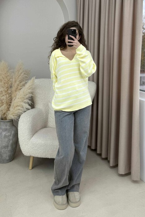 POLO NECK STRIPED SIMPLE WOMEN SWEATER YELLOW/E VERDHE - 