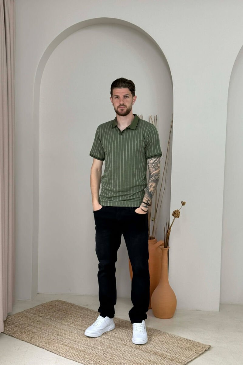 POLO NECK STRIPES MEN T-SHIRT GREEN/JESHILE - 5