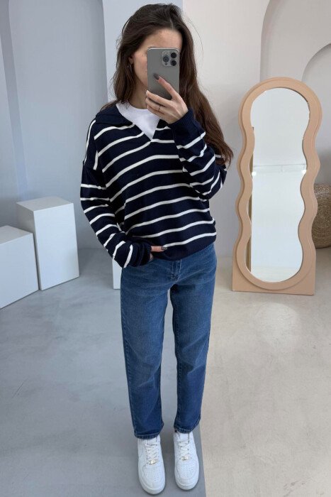 POLO NECK STRIPES WOMEN SWEATER BLUE/BLU - KLAUDIO FASHION