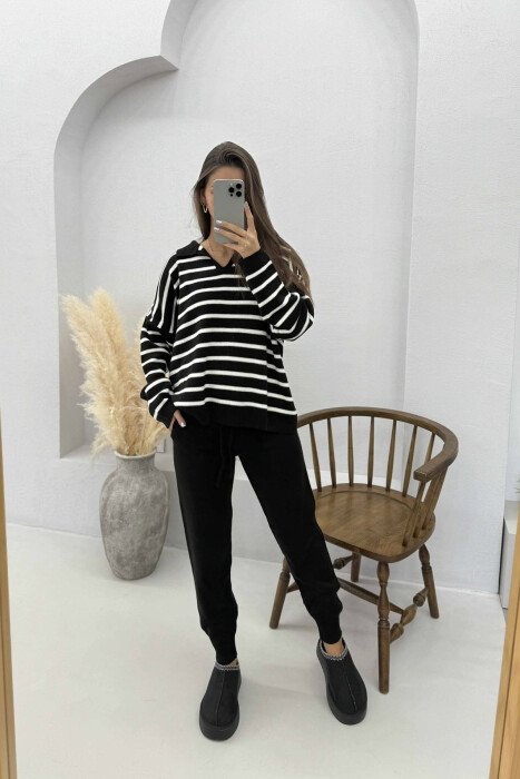 POLO NECK SWEATER+TROUSERS KNIT WOMEN SET BLACK-WHITE/ZEBA - 1