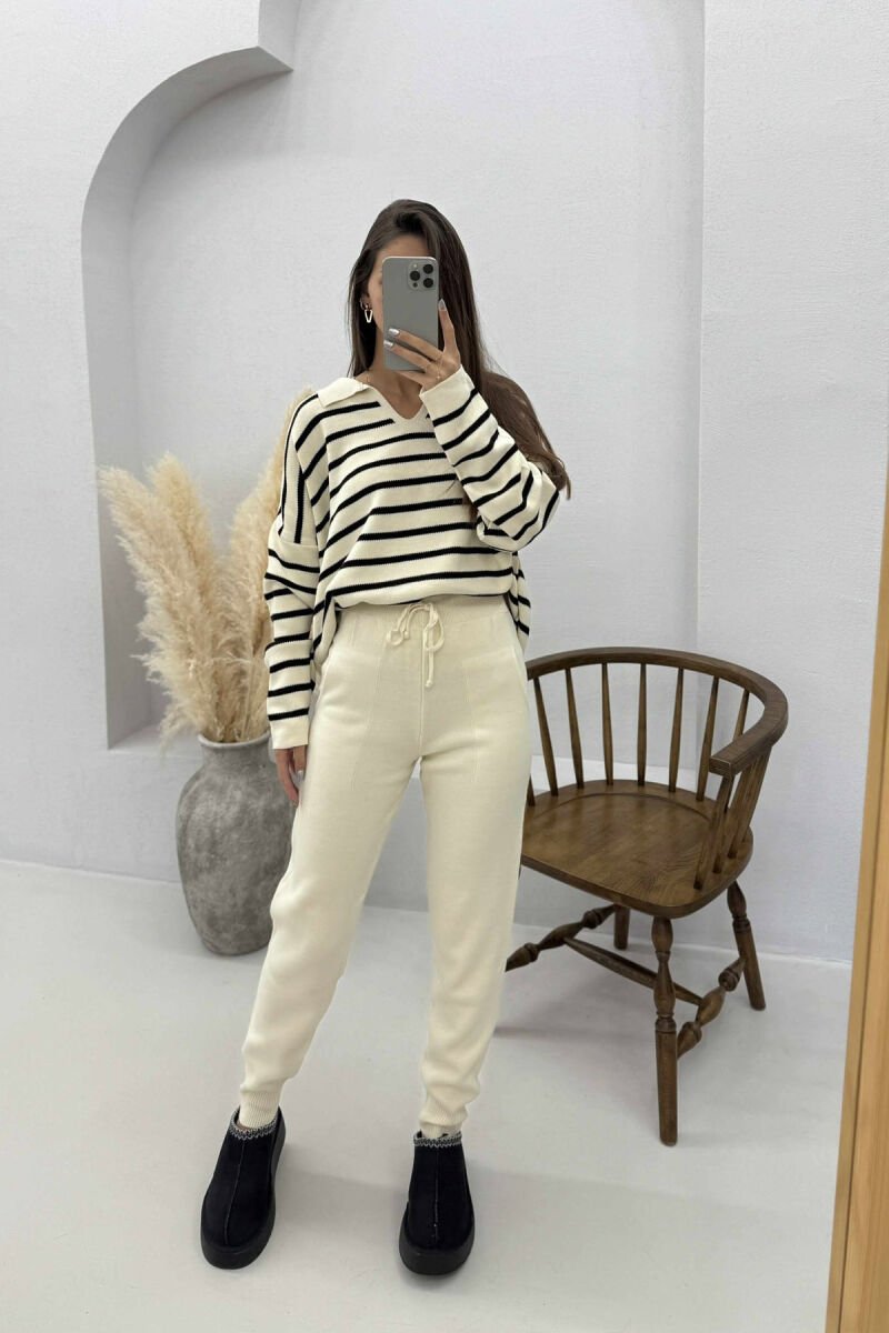 POLO NECK SWEATER+TROUSERS KNIT WOMEN SET CREAM+BLACK/KREM+ZEZE - 1
