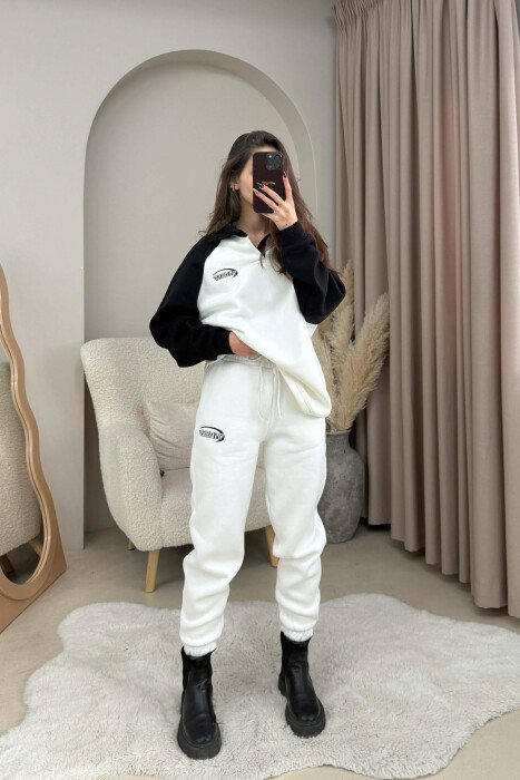 POLO NECK SWEATSHIRT+JOGGERS FLUFFY WOMEN SET WHITE-BLACK/BAZE - KLAUDIO FASHION