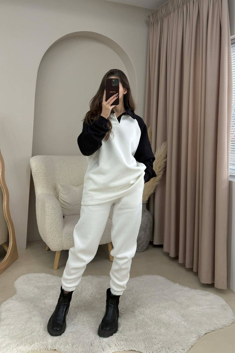 POLO NECK SWEATSHIRT+JOGGERS FLUFFY WOMEN SET WHITE-BLACK/BAZE - 2