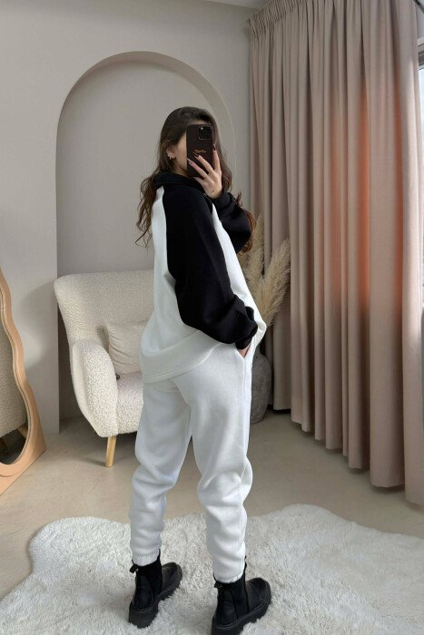 POLO NECK SWEATSHIRT+JOGGERS FLUFFY WOMEN SET WHITE-BLACK/BAZE - 3