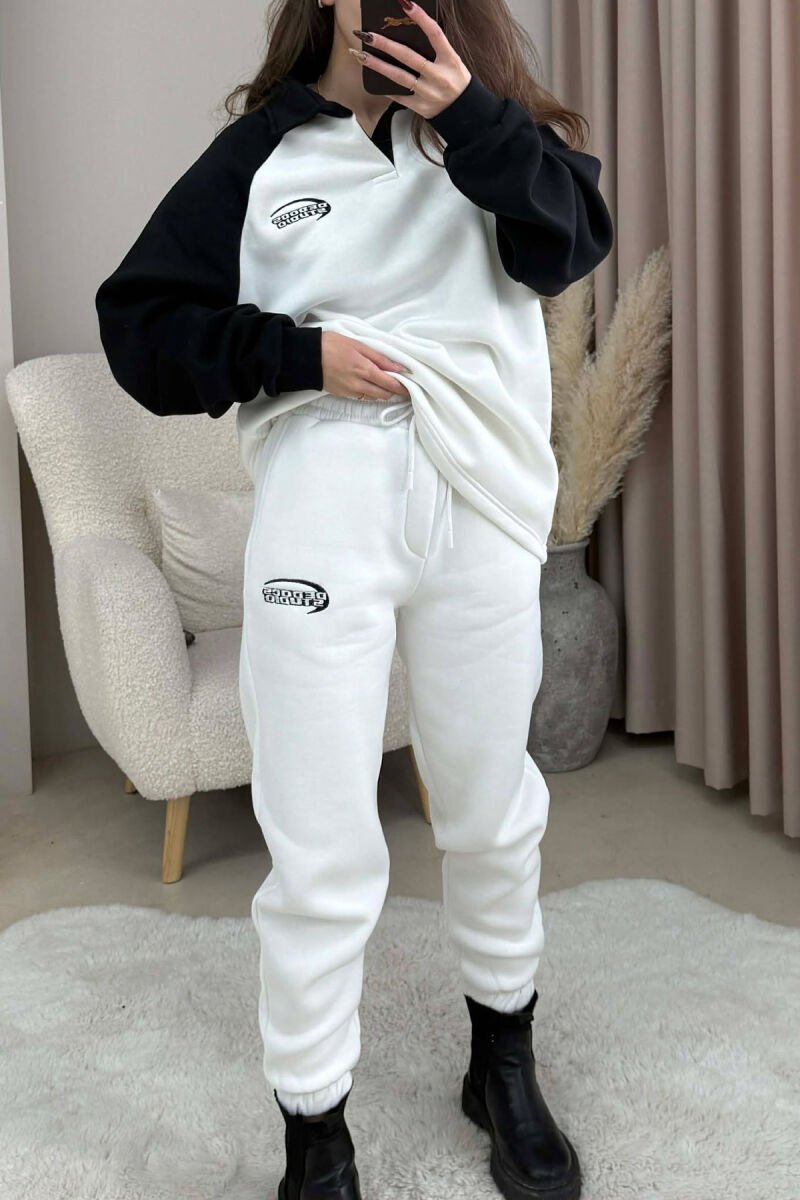 POLO NECK SWEATSHIRT+JOGGERS FLUFFY WOMEN SET WHITE-BLACK/BAZE - 4