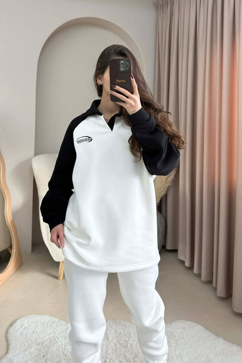 POLO NECK SWEATSHIRT+JOGGERS FLUFFY WOMEN SET WHITE-BLACK/BAZE - 5
