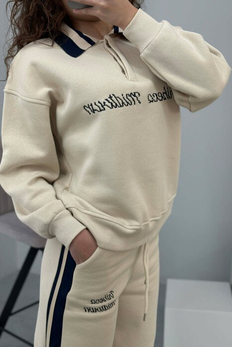 POLO NECK SWEATSHIRT+SWEATPANTS FLUFFY WOMEN SET BEIGE/BEZHE - 4