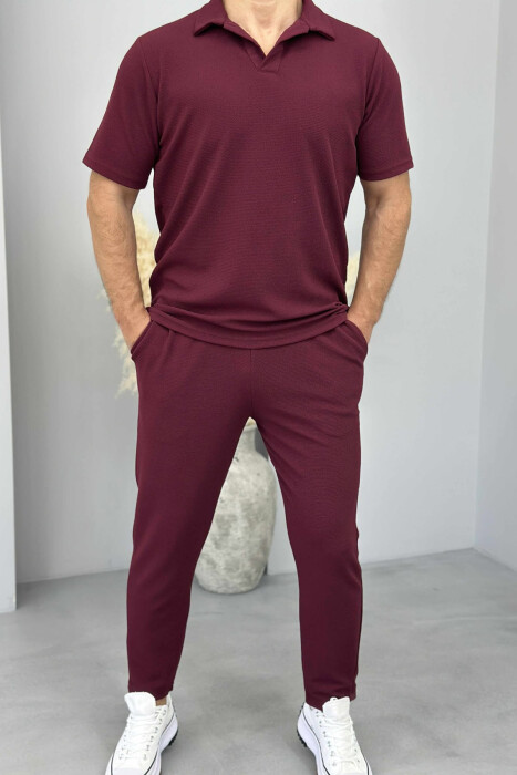 POLO NECK T-SHIRT+PANTS ONE COLOR MEN SET BURGUNDY/VISHNJE 