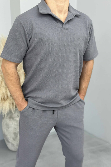 POLO NECK T-SHIRT+PANTS ONE COLOR MEN SET GREY/GRI - 2