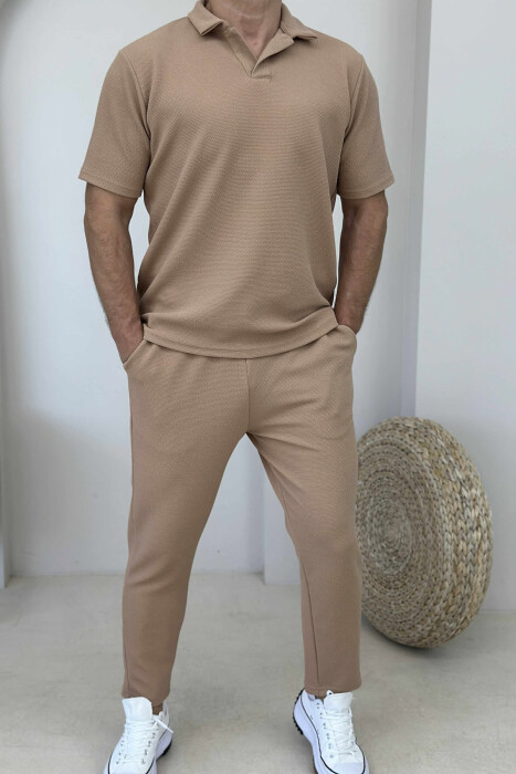 POLO NECK T-SHIRT+PANTS ONE COLOR MEN SET LIGHT BROWN/KAZB 