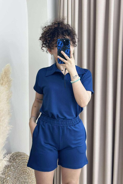 POLO NECK T-SHIRT+SHORTS ONE COLOR WOMEN SET DARK BLUE/BEE - 1