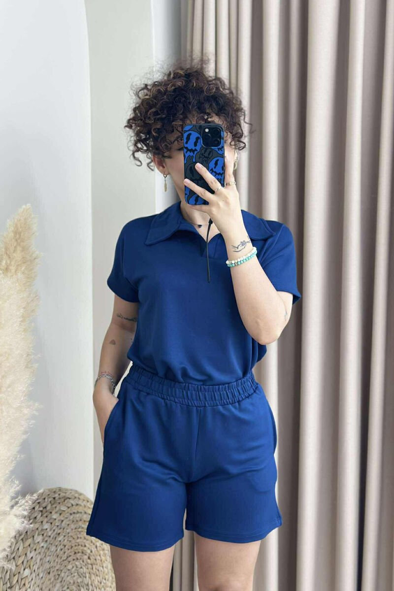 POLO NECK T-SHIRT+SHORTS ONE COLOR WOMEN SET DARK BLUE/BEE - 1