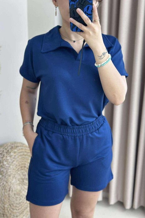 POLO NECK T-SHIRT+SHORTS ONE COLOR WOMEN SET DARK BLUE/BEE - 3