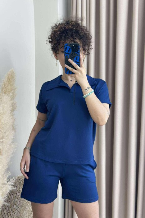 POLO NECK T-SHIRT+SHORTS ONE COLOR WOMEN SET DARK BLUE/BEE - 4