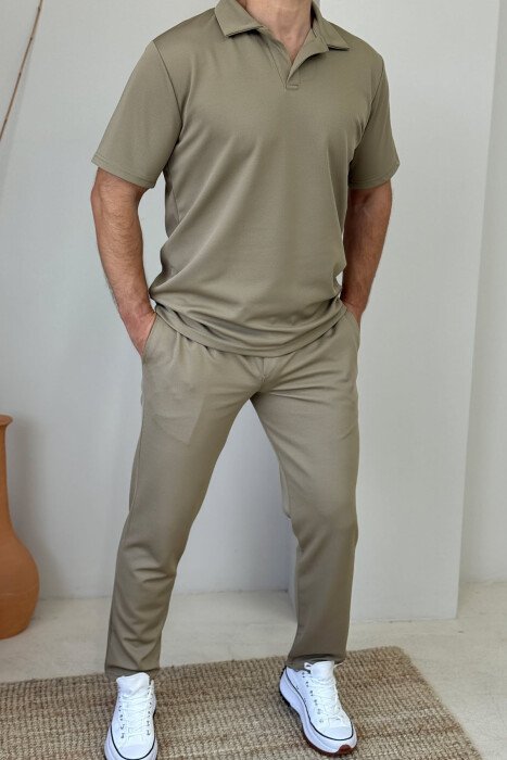 POLO NECK T-SHIRT+SWEATPANTS ONE COLOR MEN SET BEIGE/BEZHE - 1