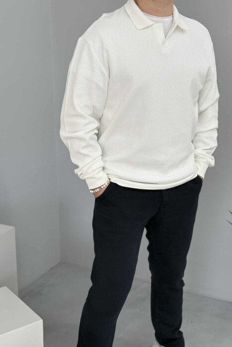 POLO NECK TEXTURED MEN SWEATSHIRT WHITE-E BARDHE 