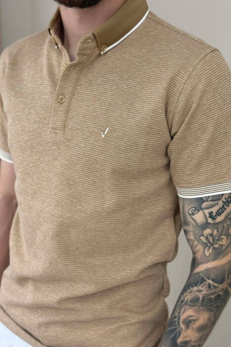 POLO NECK TEXTURED MEN T-SHIRT BEIGE/BEZHE - 3