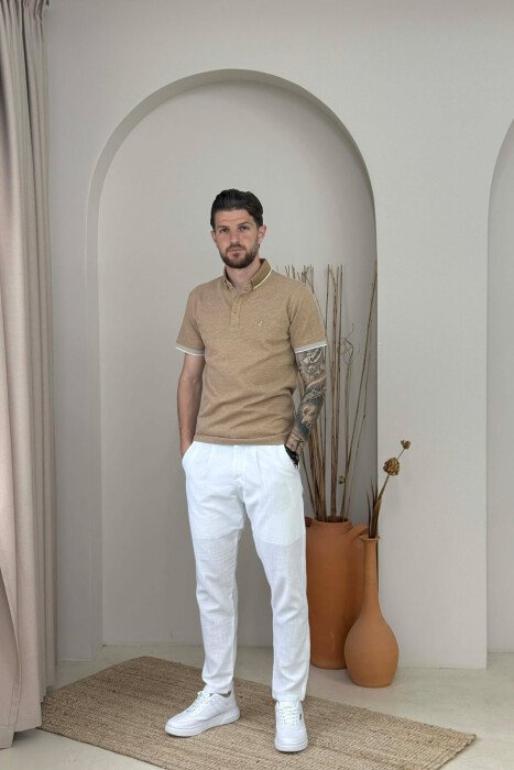 POLO NECK TEXTURED MEN T-SHIRT BEIGE/BEZHE - 5
