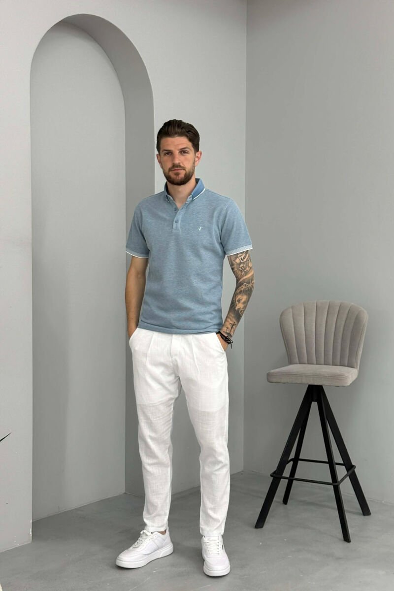 POLO NECK TEXTURED MEN T-SHIRT LIGHTBLUE/BZ - 4