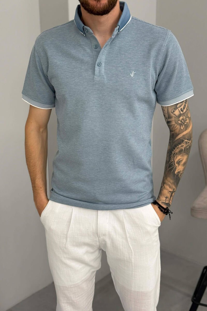 POLO NECK TEXTURED MEN T-SHIRT LIGHTBLUE/BZ - 5