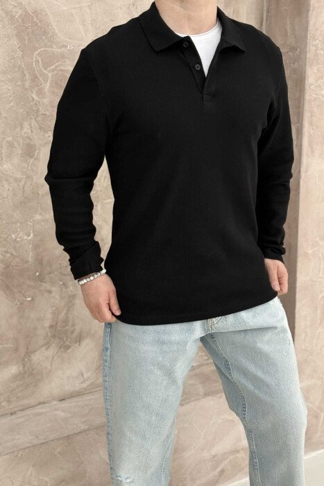 POLO NECK TEXTURED ONE COLOR MEN SWEATSHIRT BLACK/ E ZEZE - 1