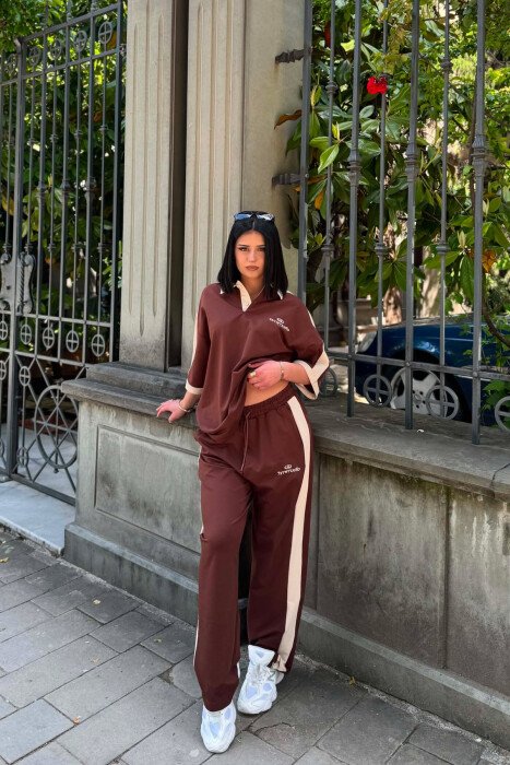 POLO NECK WRITTINGS T-SHIRT + SWEATPANTS WOMAN SET BROWN/KAFE - KLAUDIO FASHION