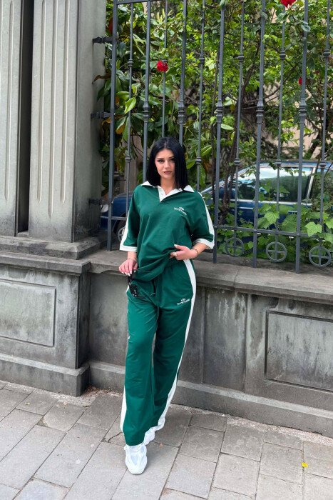 POLO NECK WRITTINGS T-SHIRT + SWEATPANTS WOMAN SET GREEN/JESHILE - KLAUDIO FASHION