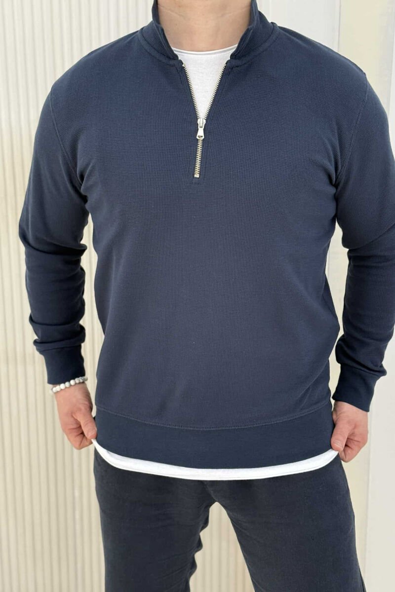 POLO NECK ZIPPER ONE COLOR MEN SWEATSHIRT DARK BLUE/BEE - 2