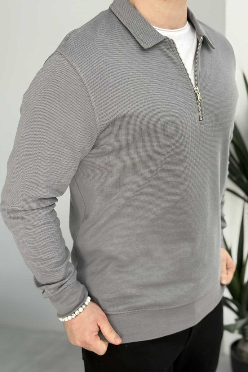 POLO NECK ZIPPER ONE COLOR MEN SWEATSHIRT GREY/GRI - 2