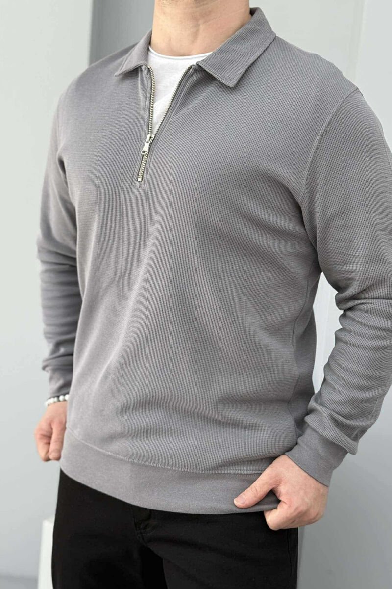 POLO NECK ZIPPER ONE COLOR MEN SWEATSHIRT GREY/GRI - 4