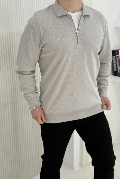 POLO NECK ZIPPER ONE COLOR MEN SWEATSHIRT LIGHT GREY/GZ - 1