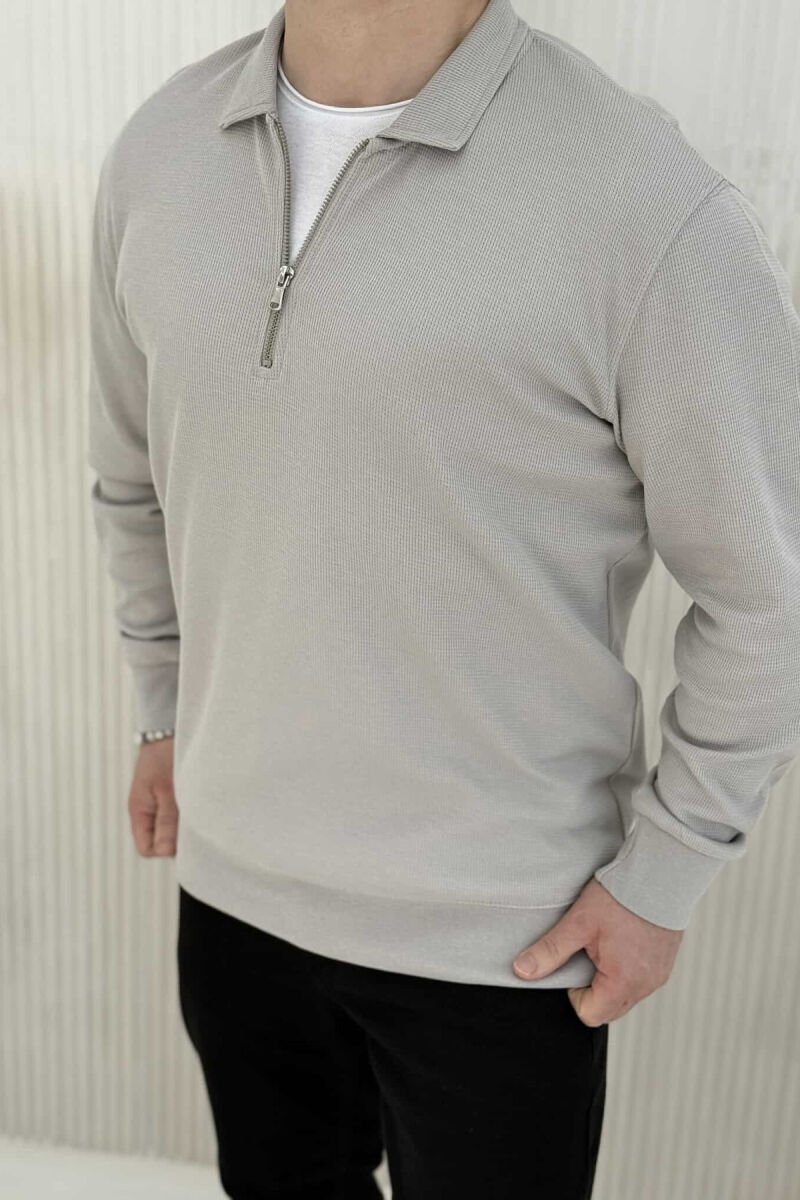 POLO NECK ZIPPER ONE COLOR MEN SWEATSHIRT LIGHT GREY/GZ - 3