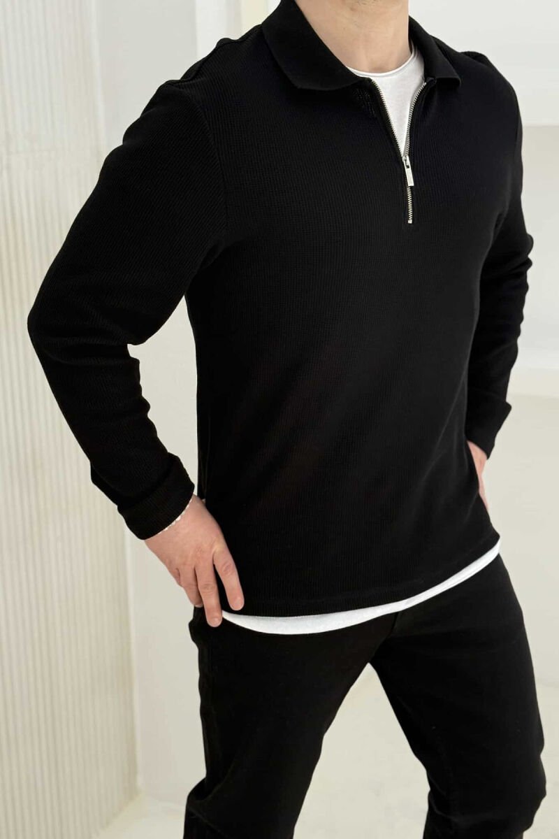 POLO NECK ZIPPER TEXTURED MEN SWEATSHIRT BLACK/ E ZEZE - 1