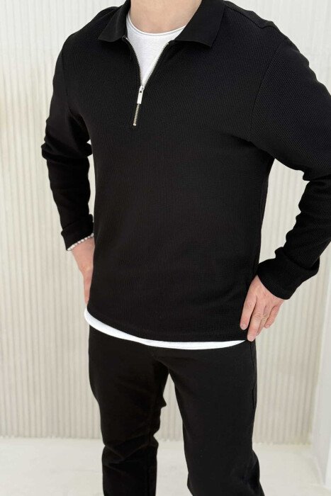 POLO NECK ZIPPER TEXTURED MEN SWEATSHIRT BLACK/ E ZEZE - 3