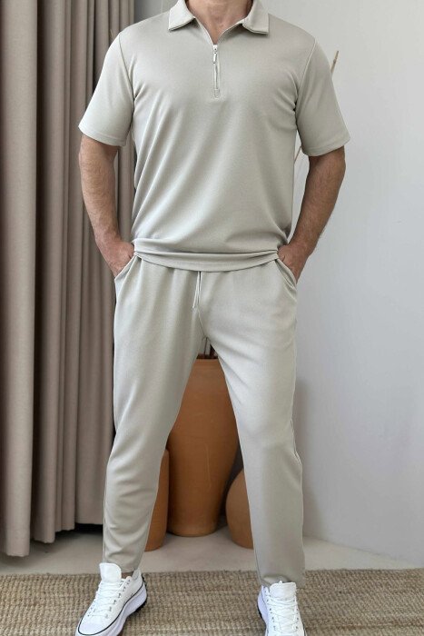 POLO NECK ZIPPERED T-SHIRT+SWEATPANTS MEN SET BEIGE/BEZHE - 1