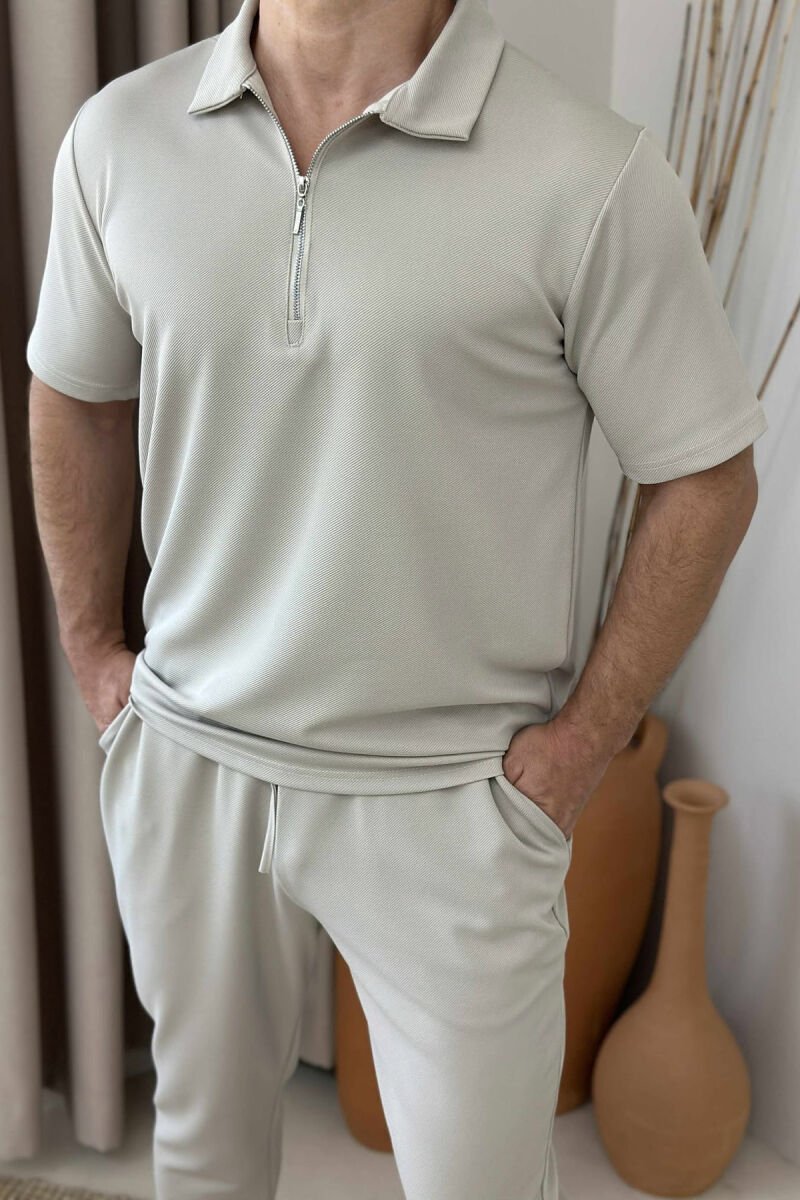 POLO NECK ZIPPERED T-SHIRT+SWEATPANTS MEN SET BEIGE/BEZHE - 2