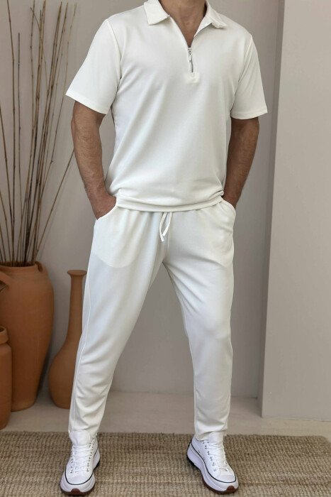 POLO NECK ZIPPERED T-SHIRT+SWEATPANTS MEN SET CREAM/KREM - KLAUDIO FASHION