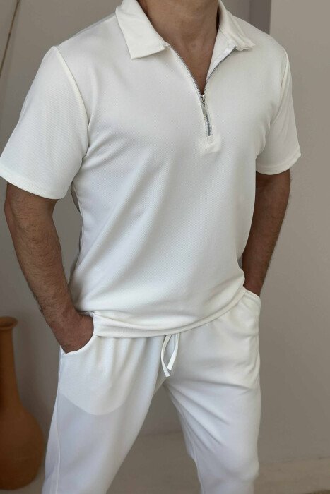 POLO NECK ZIPPERED T-SHIRT+SWEATPANTS MEN SET CREAM/KREM - 2