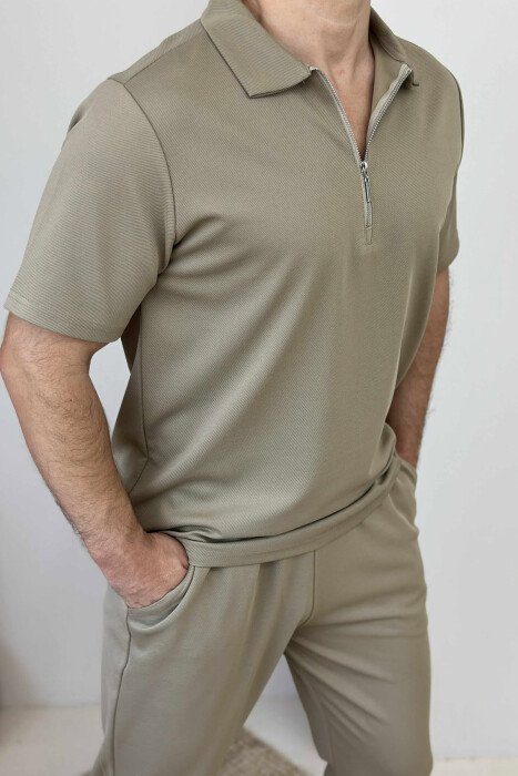 POLO NECK ZIPPERED T-SHIRT+SWEATPANTS MEN SET DARK BEIGE/BEZHE ERRET - 4