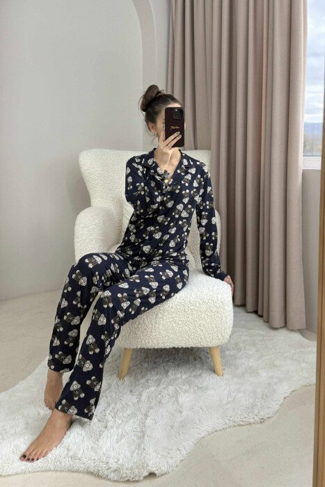 PUPPY DESIGN SHIRT+TROUSERS WOMEN PYJAMAS DARK BLUE/BEE - KLAUDIO FASHION