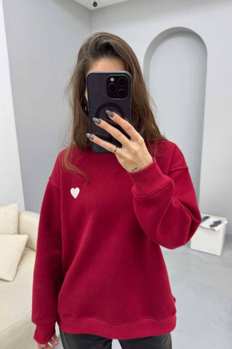 ROUND NECK HEART DETAIL WOMEN SWEATSHIRT BURGUNDY/VISHNJE - KLAUDIO FASHION