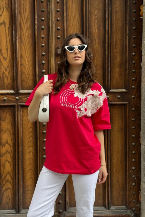 REALISTIC WRITTING DESIGNED WOMEN T-SHIRT + 6 PAIR SOCKS RED/E KUQE - 1